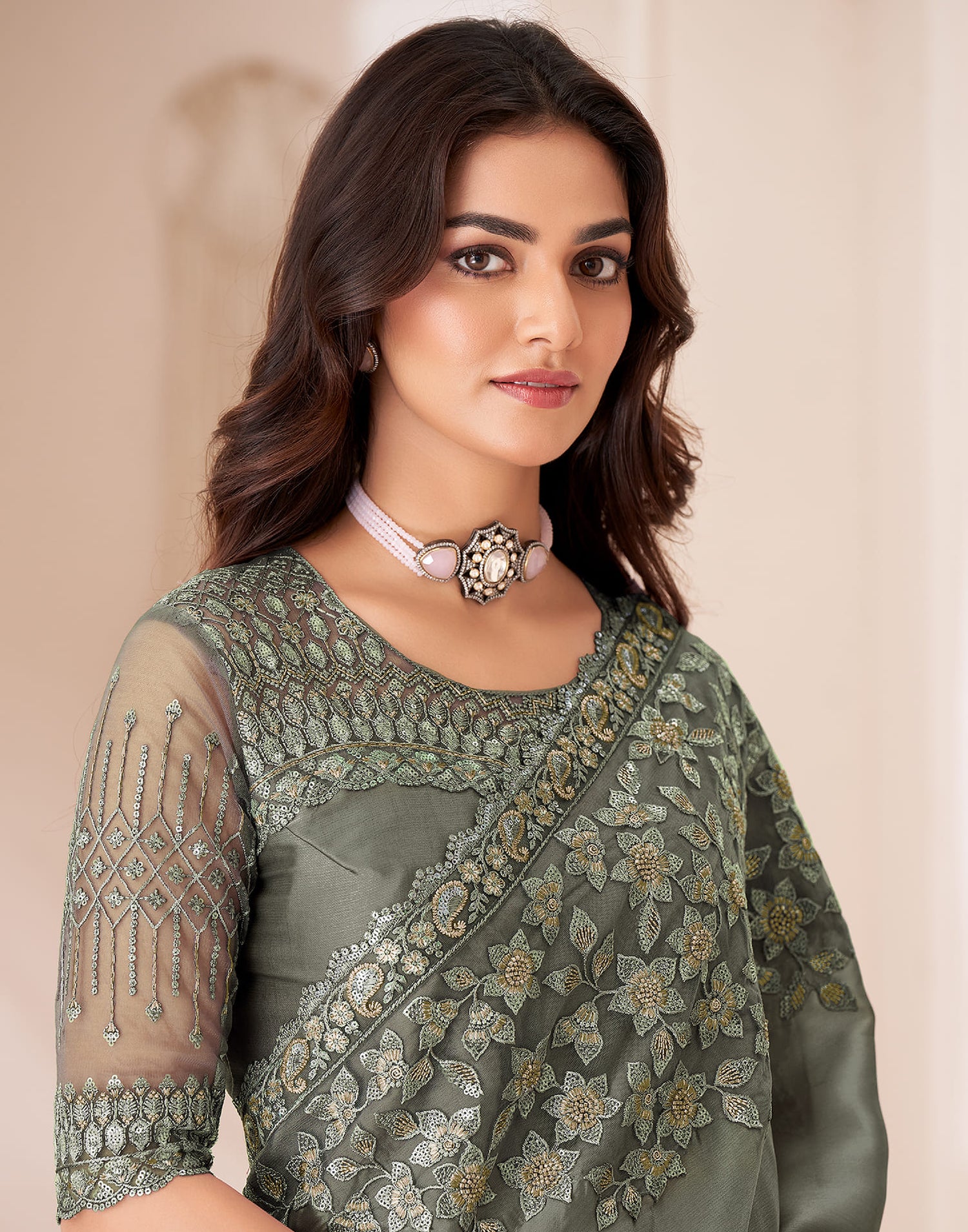 Dusty Green Satin Sequence Embellished Saree