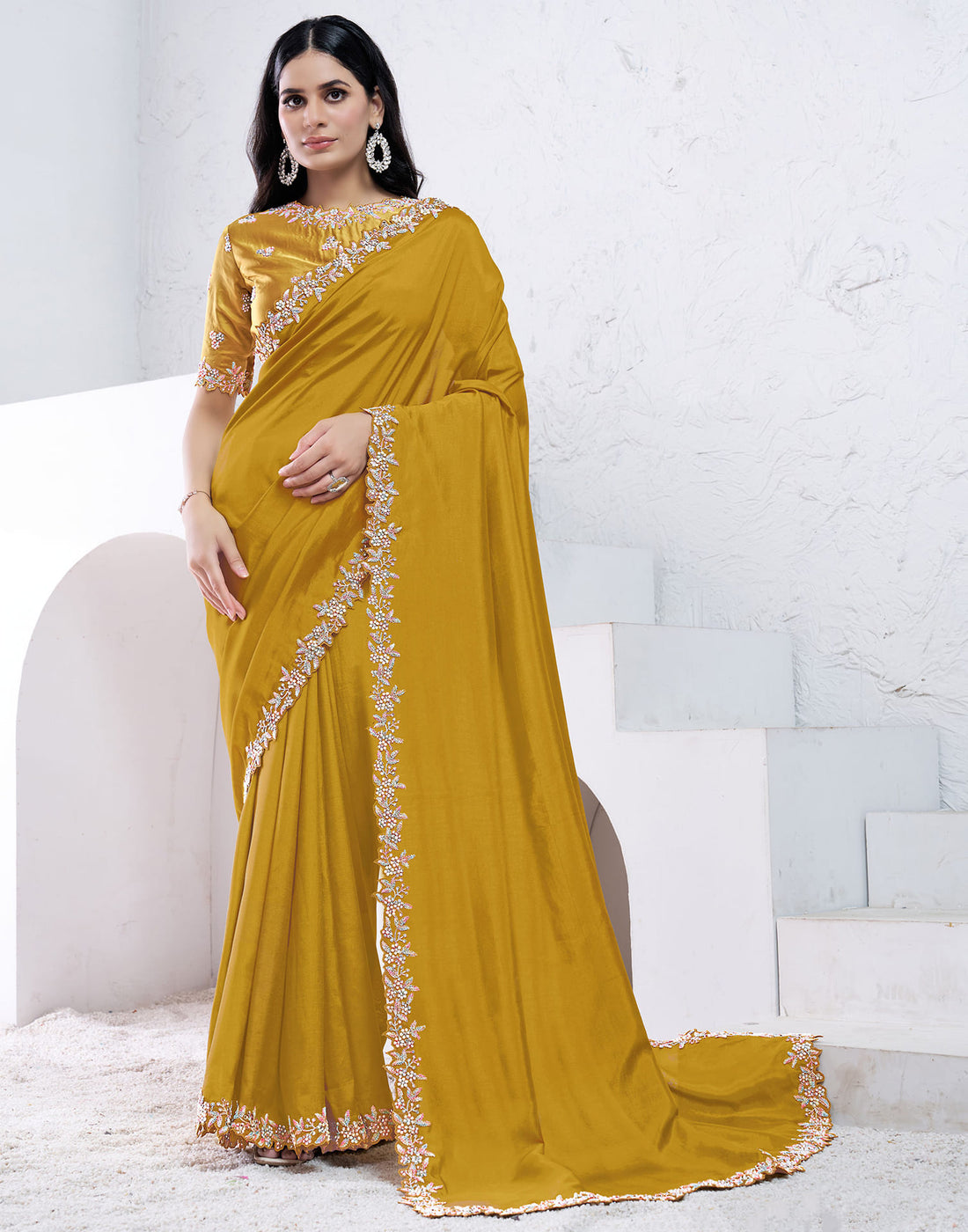 Mustard Yellow Silk Pearl Work Embellished Saree
