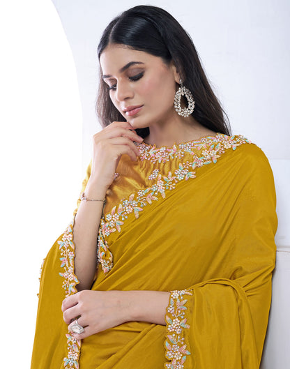 Mustard Yellow Silk Pearl Work Embellished Saree