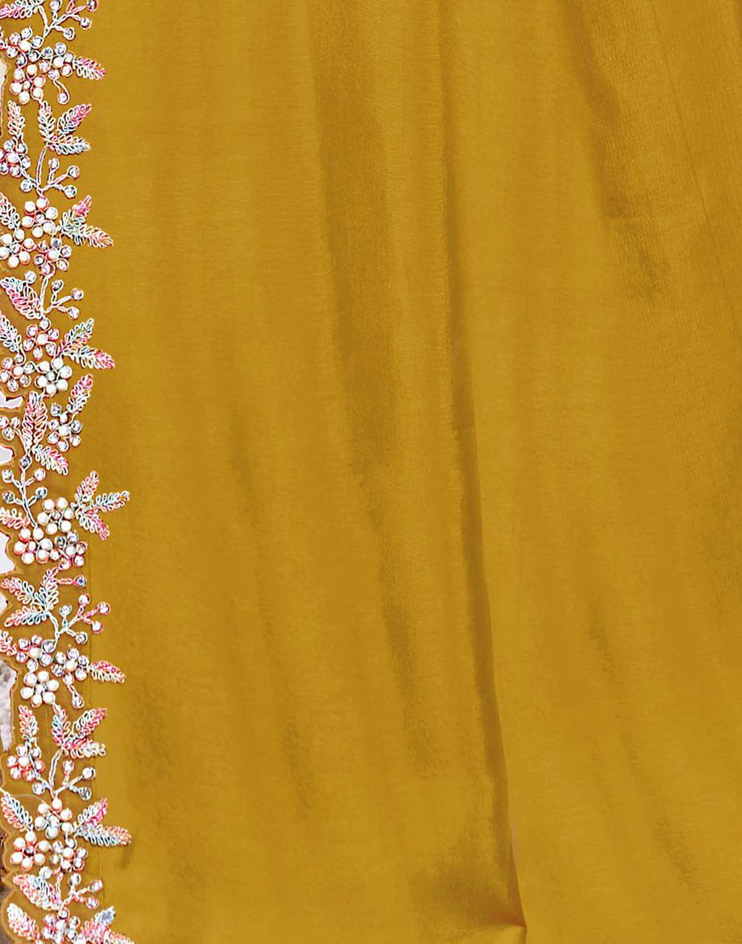 Mustard Yellow Silk Pearl Work Embellished Saree