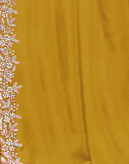Mustard Yellow Silk Pearl Work Embellished Saree