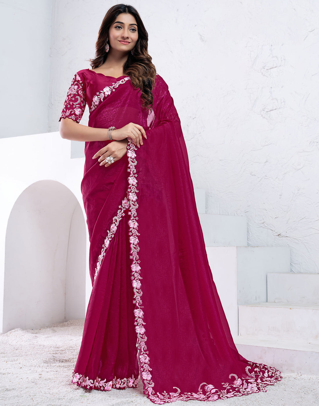 Rani Pink Silk Sequence Embellished Saree