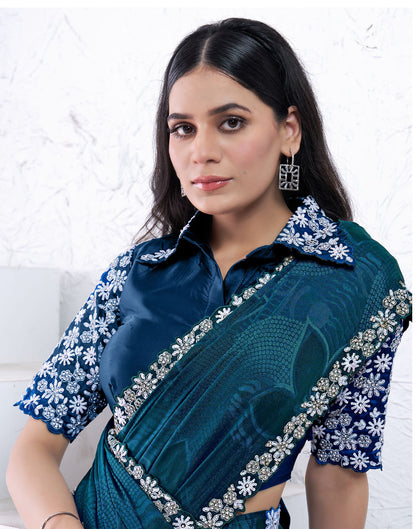 Peacock Blue Georgette Weaving Embellished Saree