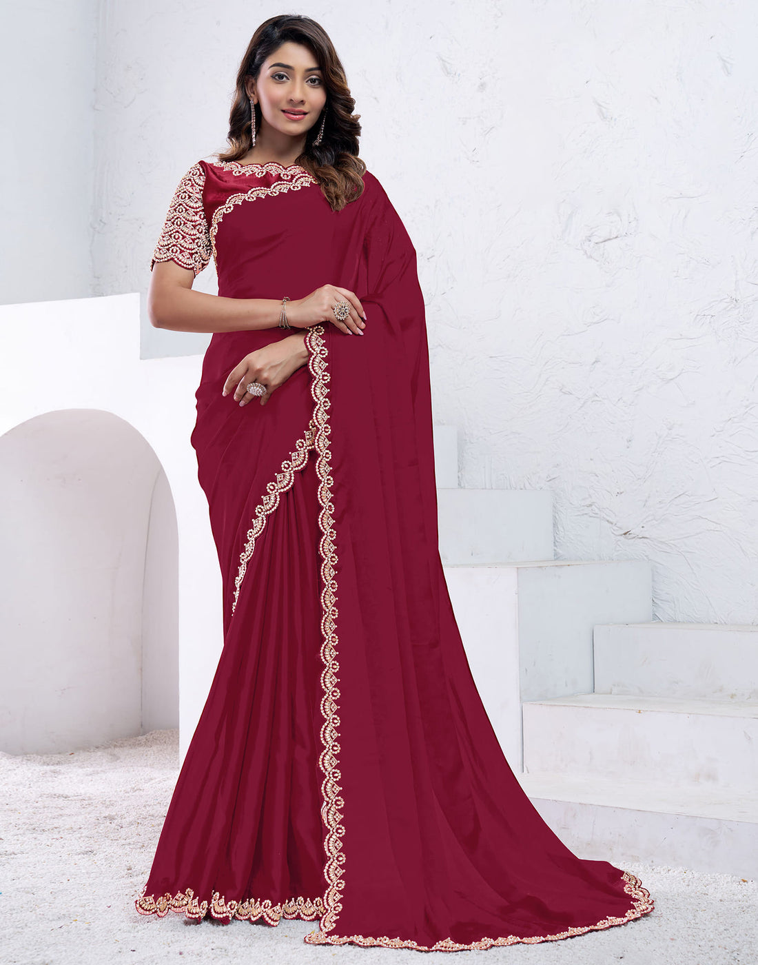 Dark Red Silk Sequence Embellished Saree
