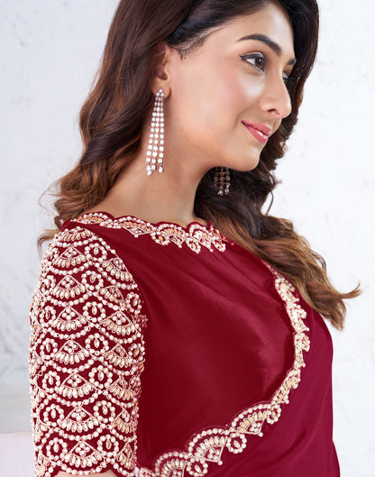 Dark Red Silk Sequence Embellished Saree