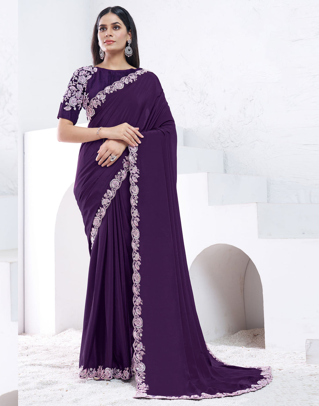 Purple Silk Pearl Work Embellished Saree