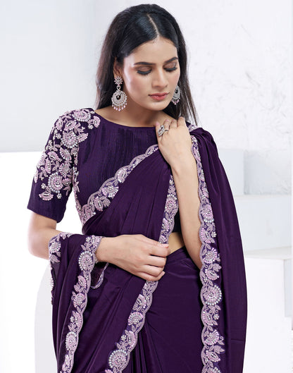 Purple Silk Pearl Work Embellished Saree