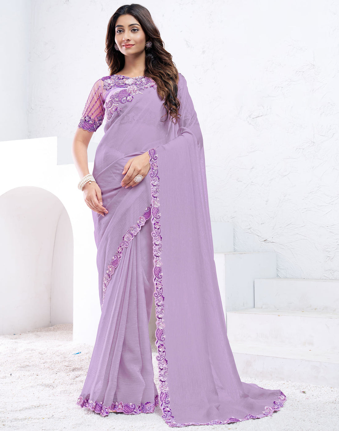 Lavender Silk Pearl Work Embellished Saree