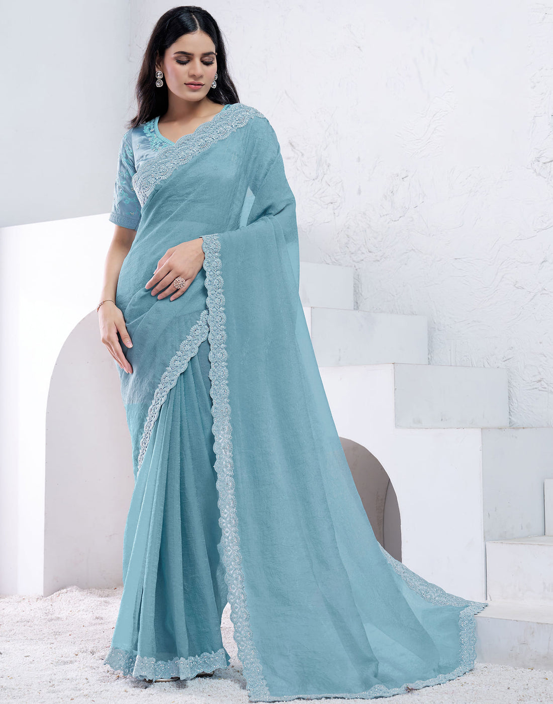 Aqua Blue Silk Embroidery Embellished Saree