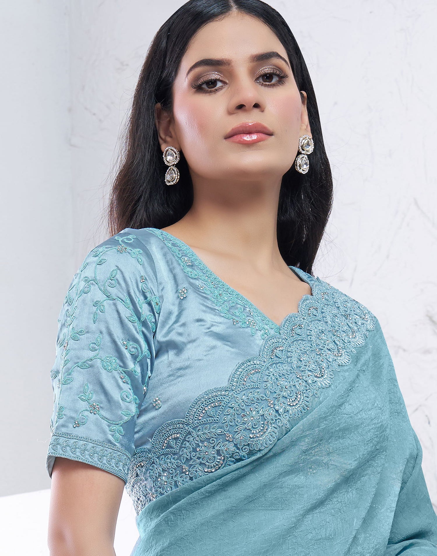 Aqua Blue Silk Embroidery Embellished Saree