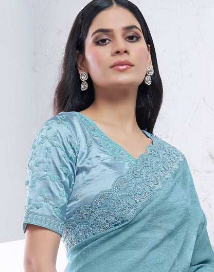 Aqua Blue Silk Embroidery Embellished Saree