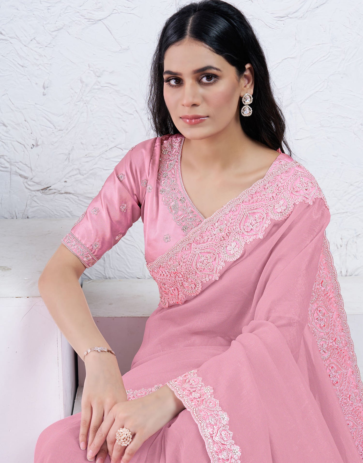 Light Rose Pink Silk Embroidery Embellished Saree