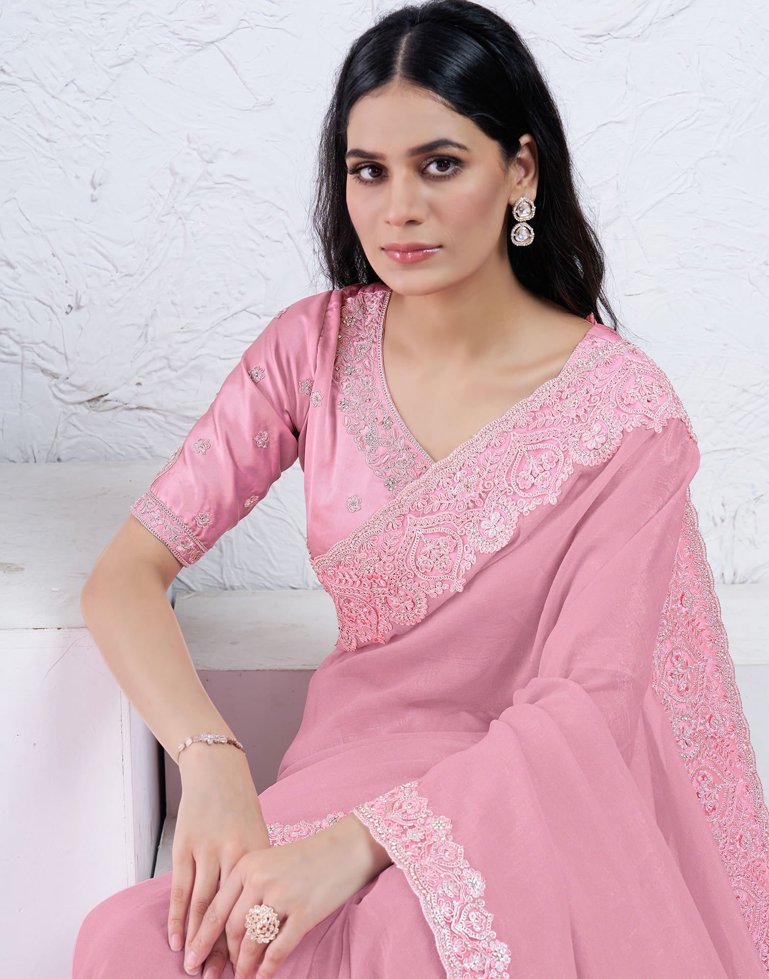 Light Rose Pink Silk Embroidery Embellished Saree
