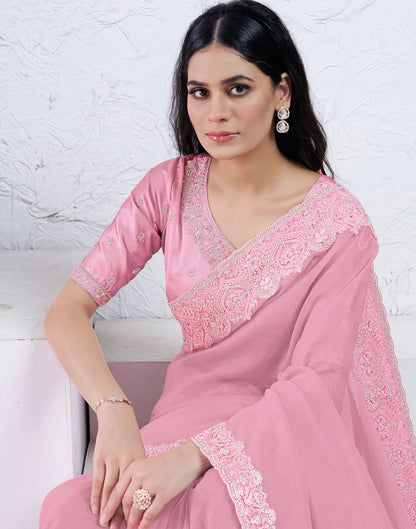 Light Rose Pink Silk Embroidery Embellished Saree