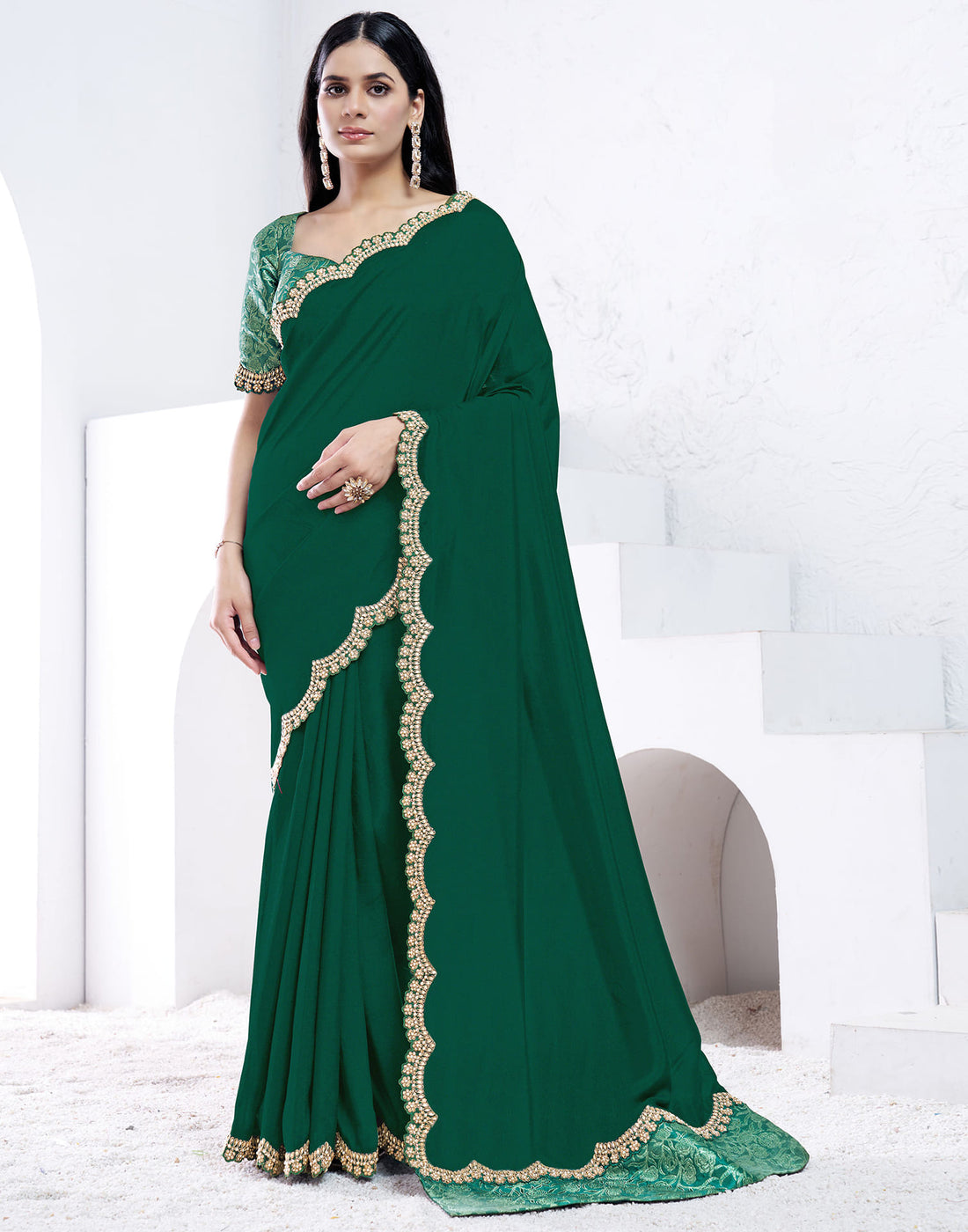 Dark Green Silk Pearl Work Embellished Saree