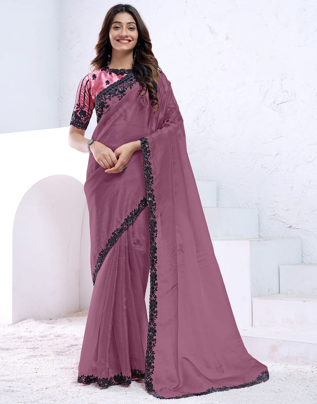 Dark Mauve Silk Sequence Embellished Saree