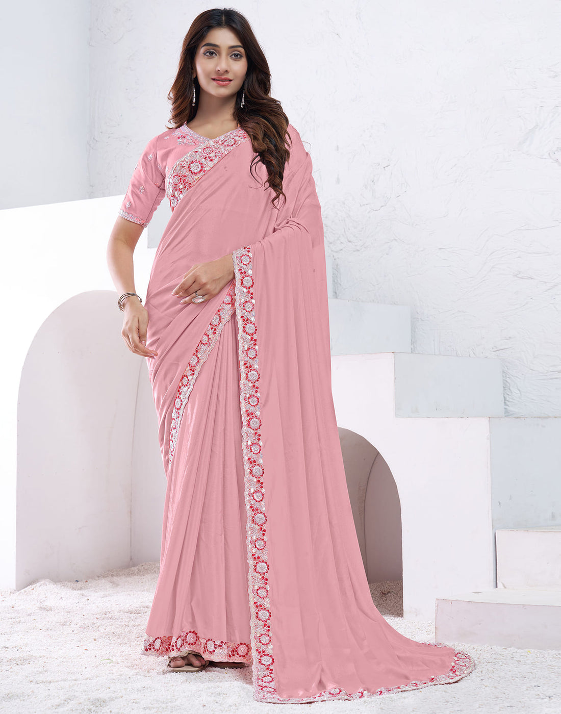 Light Peach Silk Sequence Embellished Saree