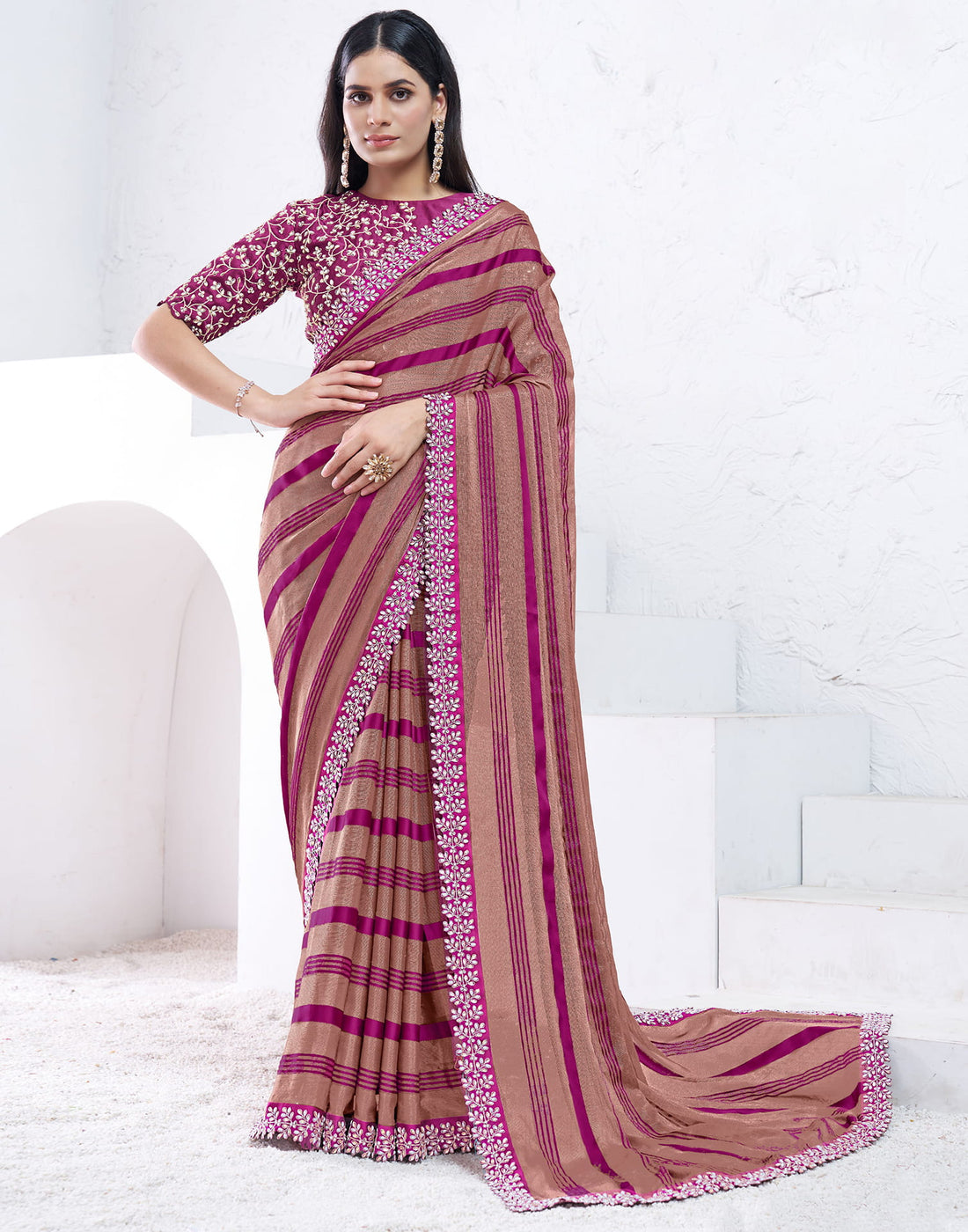Brown Georgette Self Woven Embellished Saree
