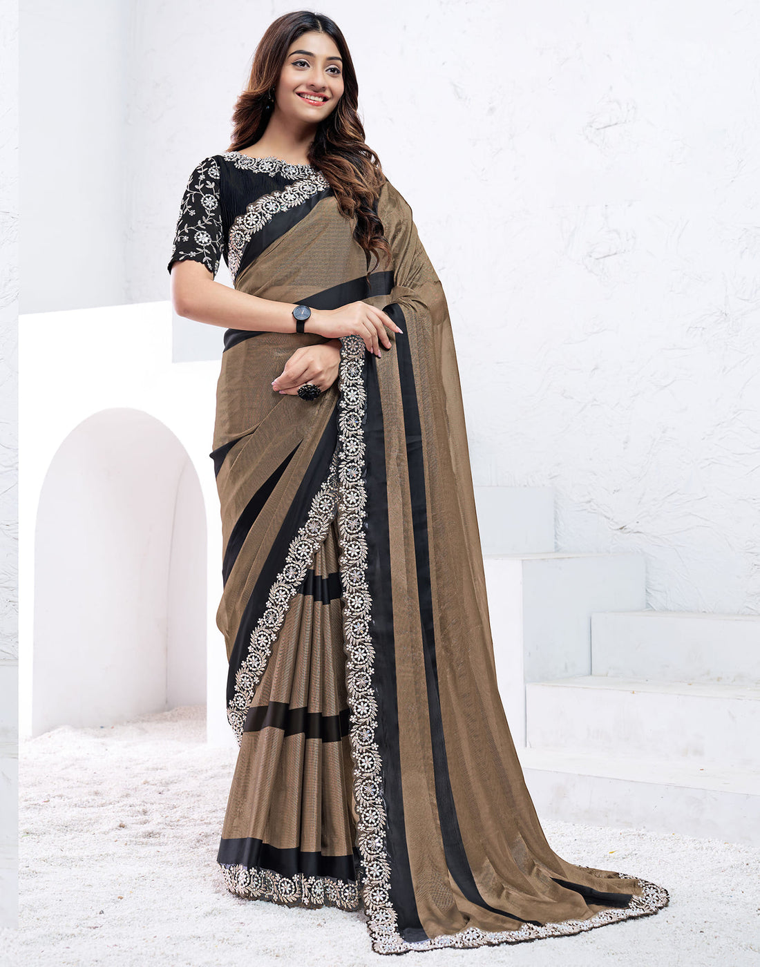 Dark Brown Georgette Self Woven Embellished Saree
