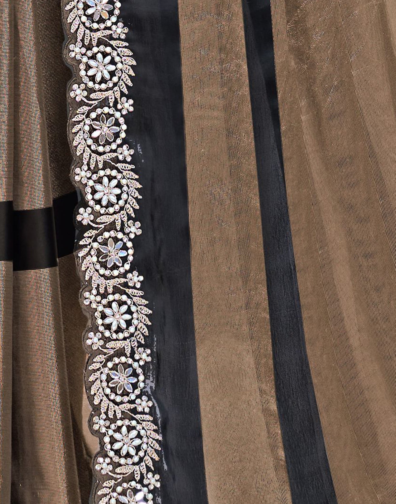 Dark Brown Georgette Self Woven Embellished Saree