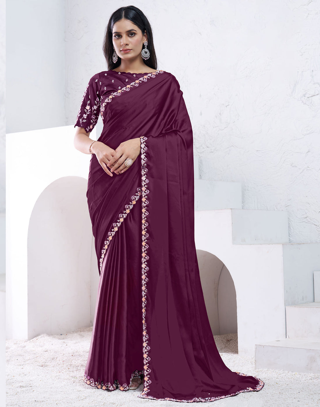 Wine Silk Pearl Work Embellished Saree