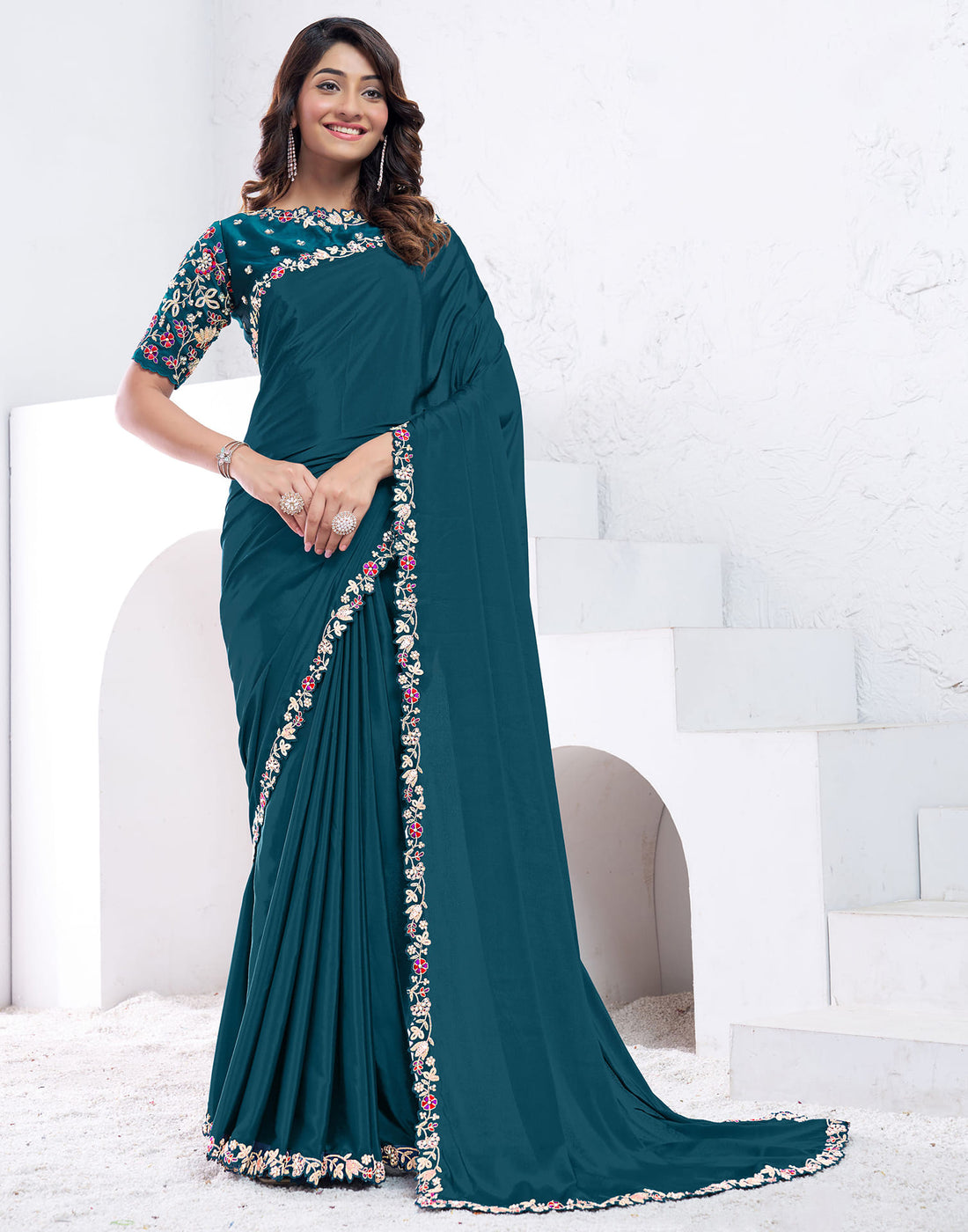 Rama Blue Silk Pearl Work Embellished Saree
