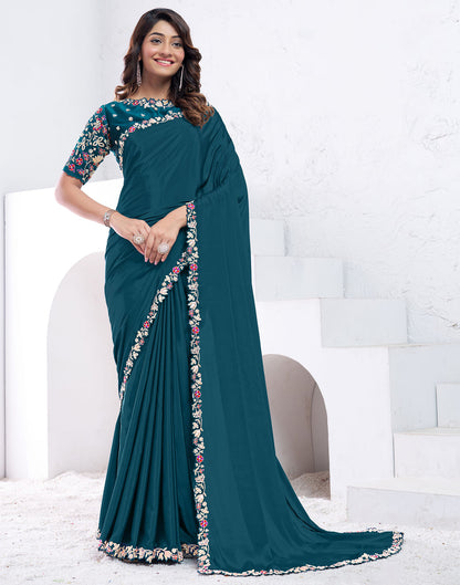 Rama Blue Silk Pearl Work Embellished Saree