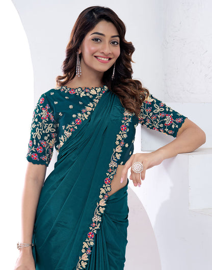 Rama Blue Silk Pearl Work Embellished Saree