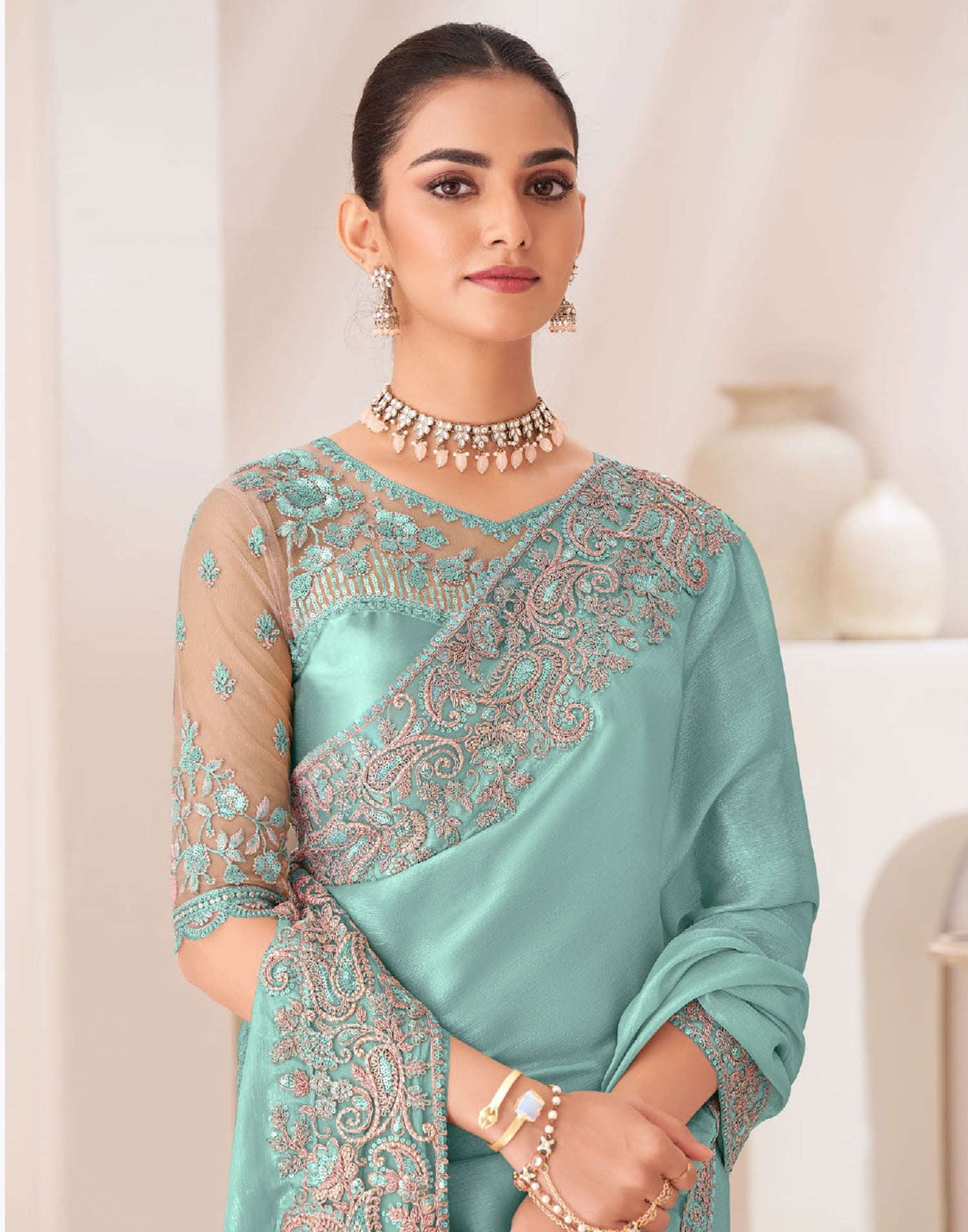 Turquoise Satin Sequence Embellished Saree
