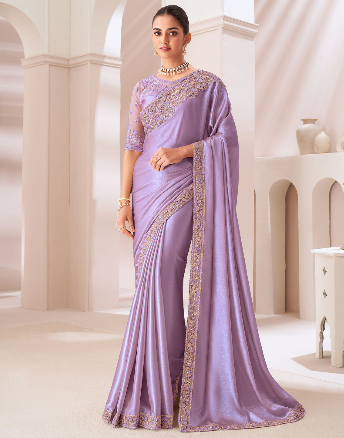 Light Purple Satin Sequence Embellished Saree