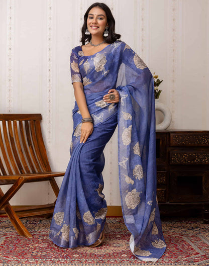 Blue Cotton Printed Saree