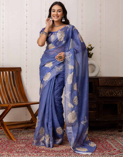 Blue Cotton Printed Saree