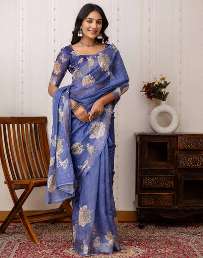 Blue Cotton Printed Saree