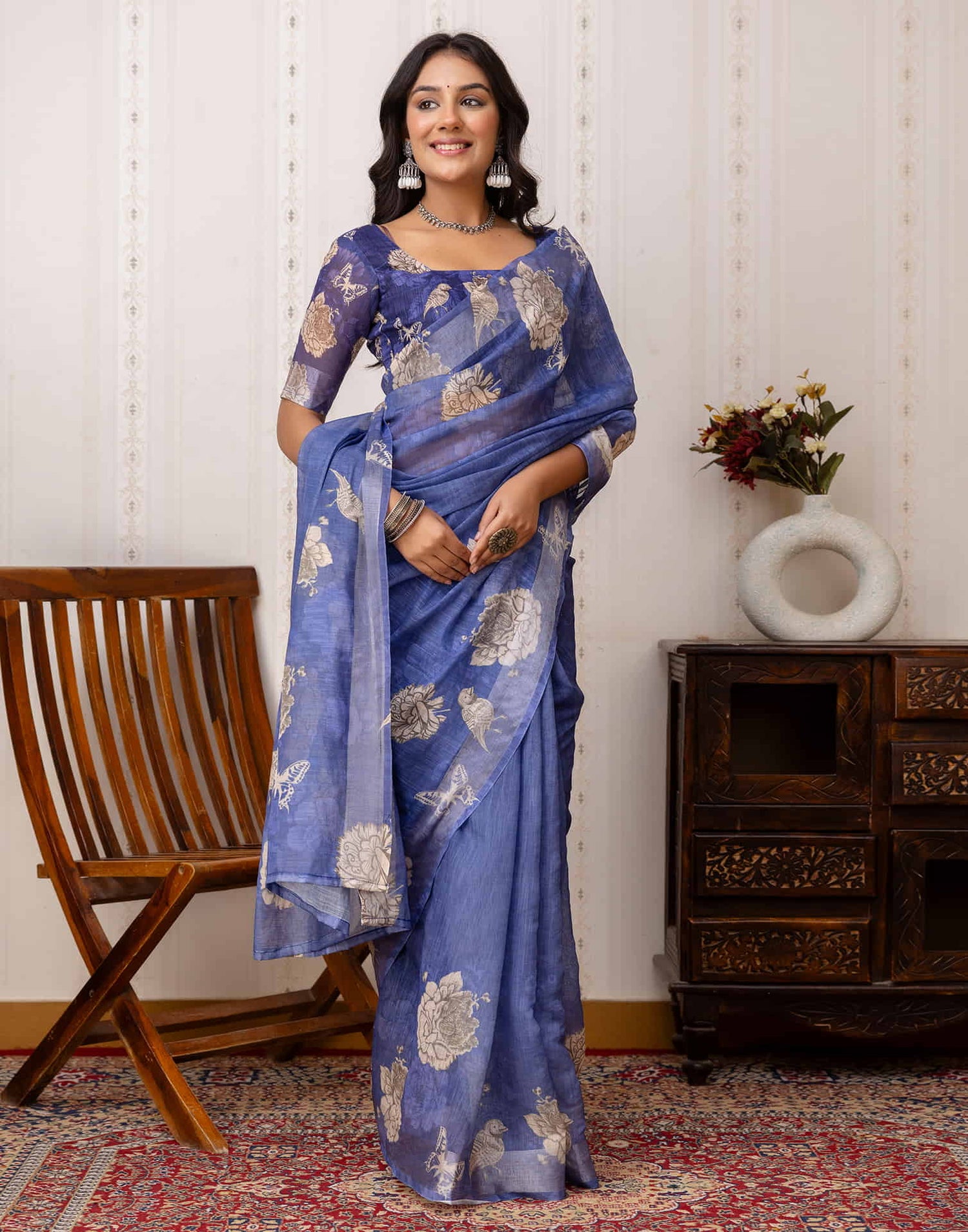 Blue Cotton Printed Saree