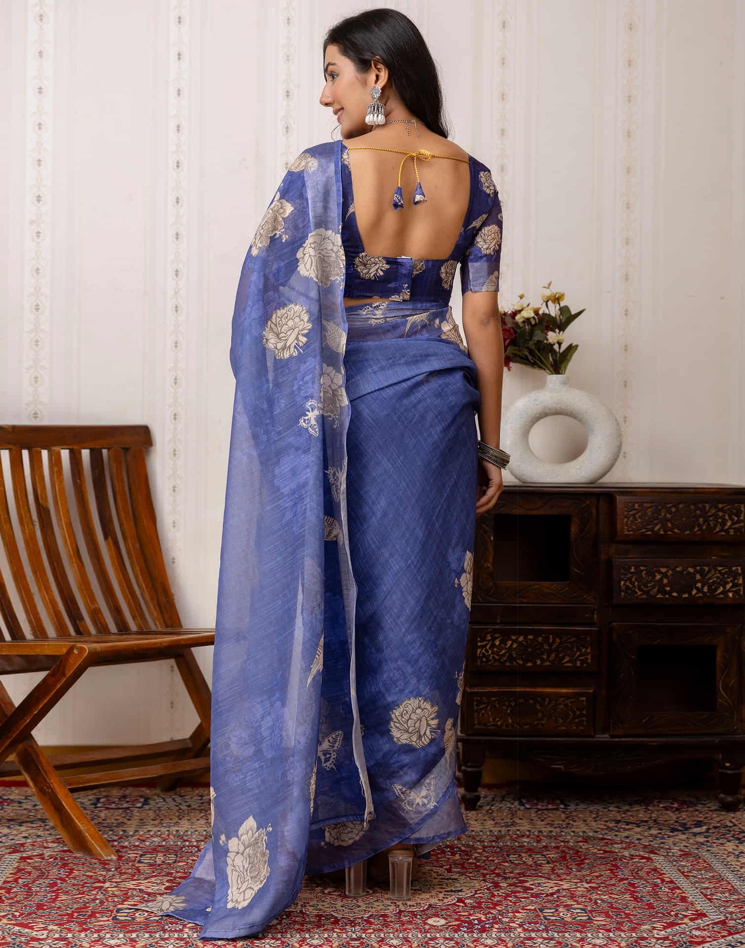 Blue Cotton Printed Saree