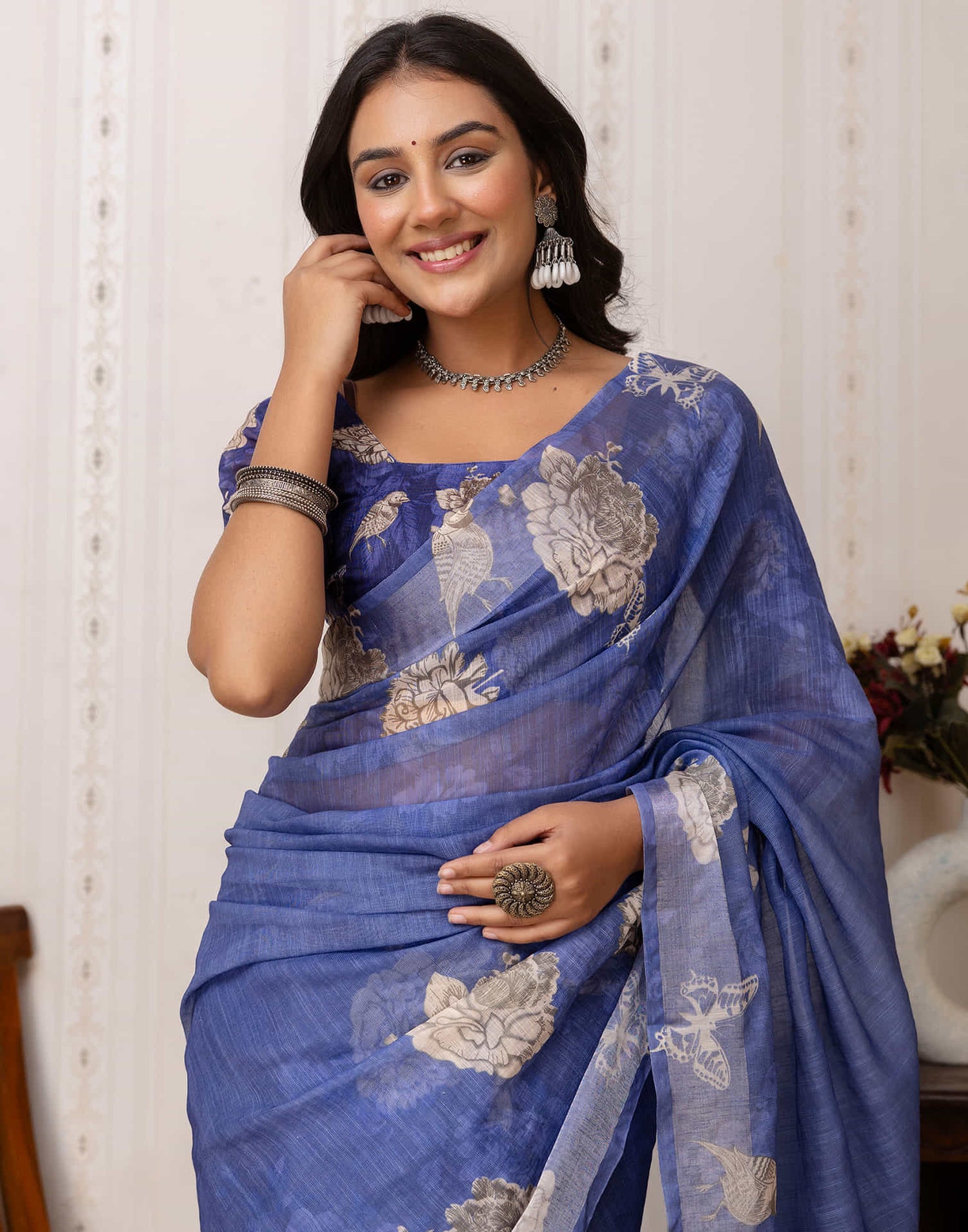 Blue Cotton Printed Saree