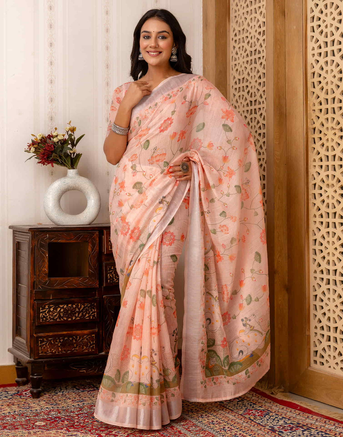 Rose Pink Cotton Printed Saree