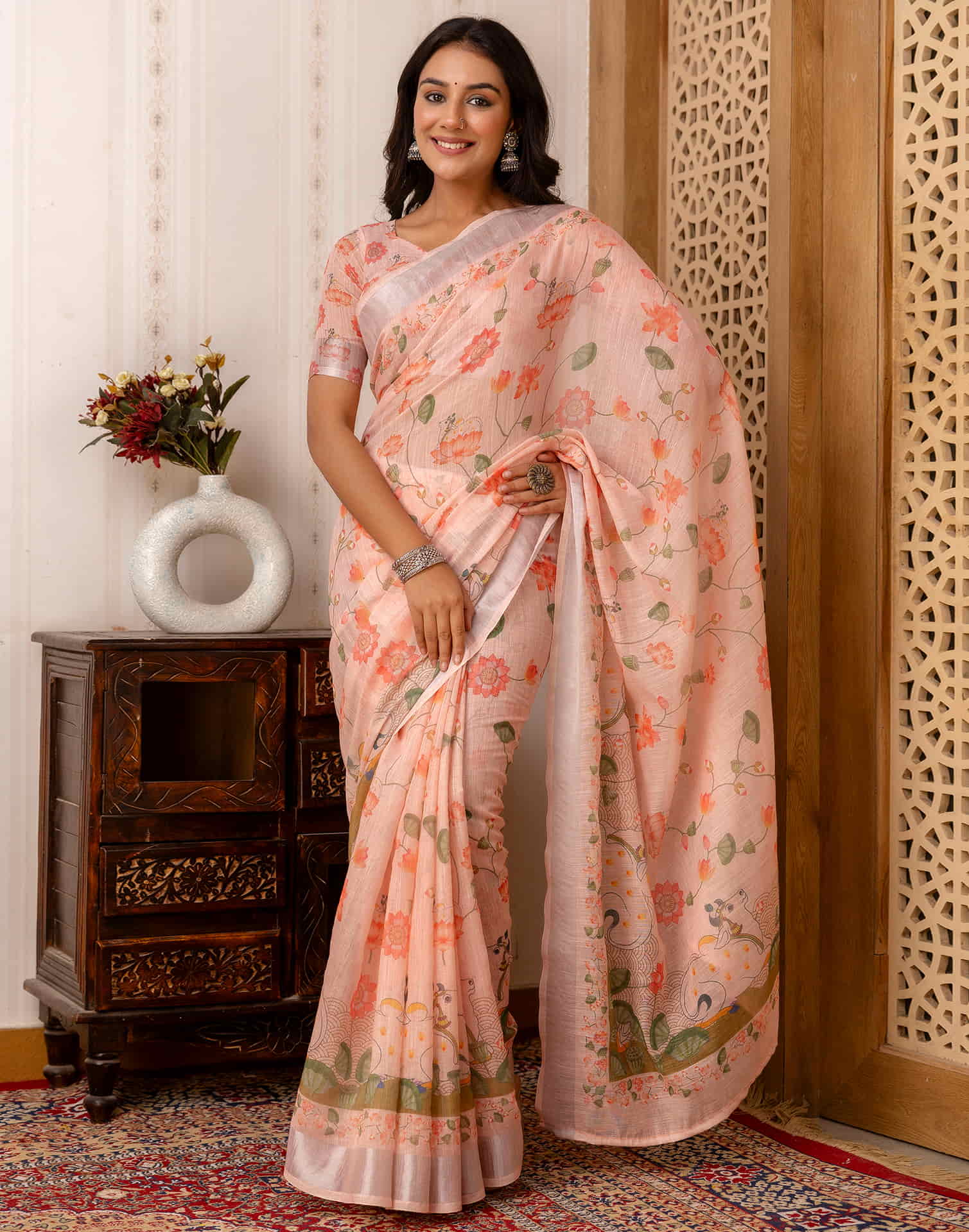 Rose Pink Cotton Printed Saree