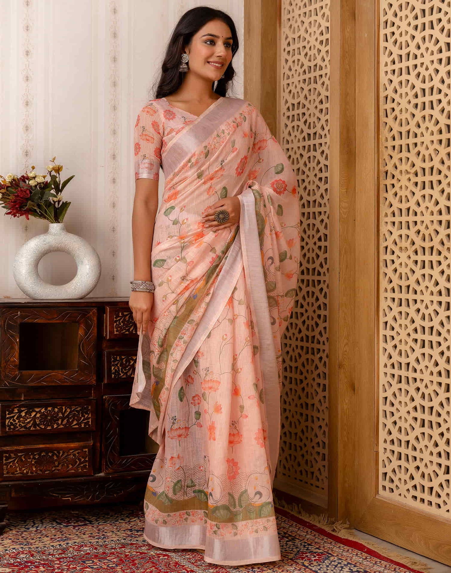 Rose Pink Cotton Printed Saree