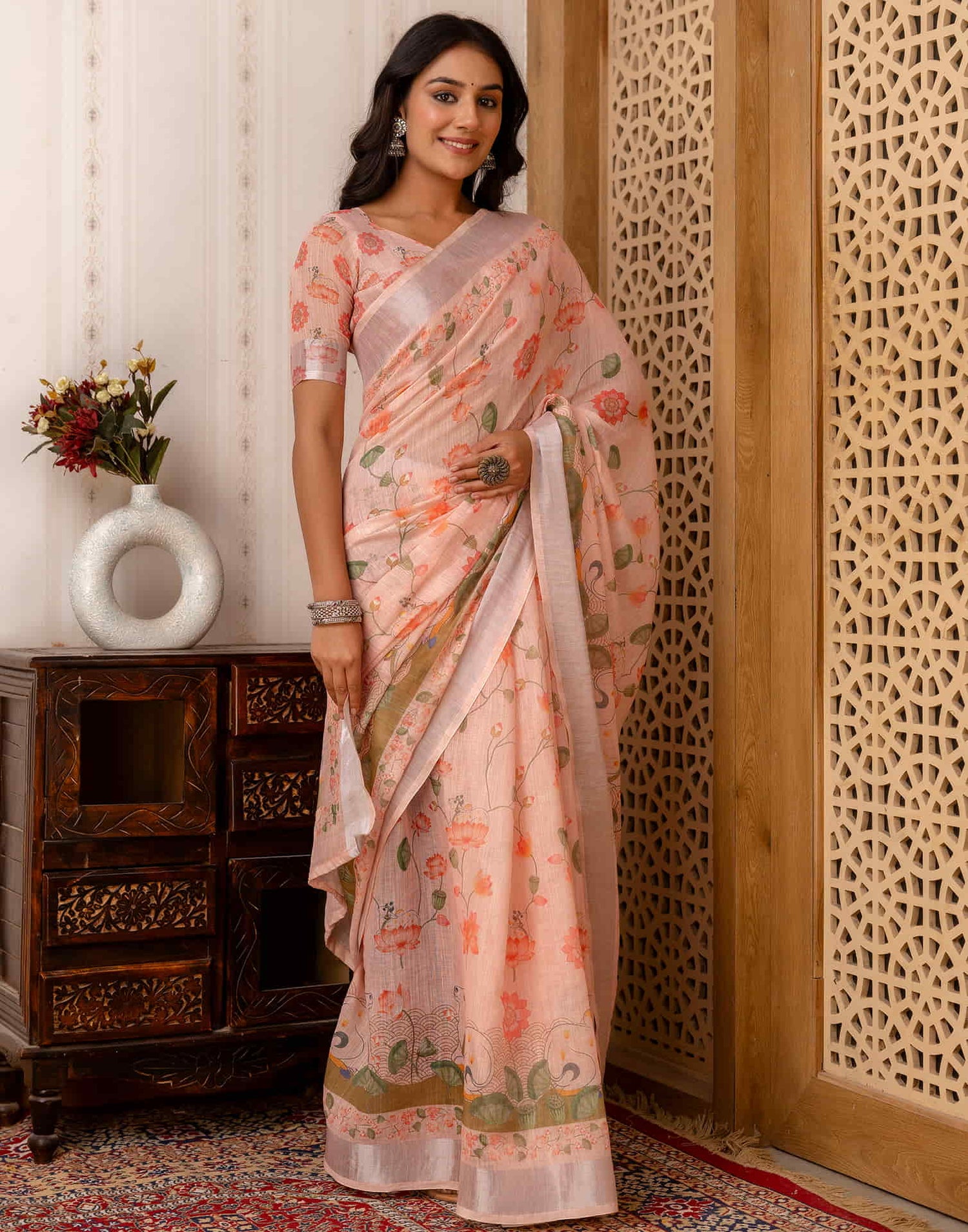 Rose Pink Cotton Printed Saree