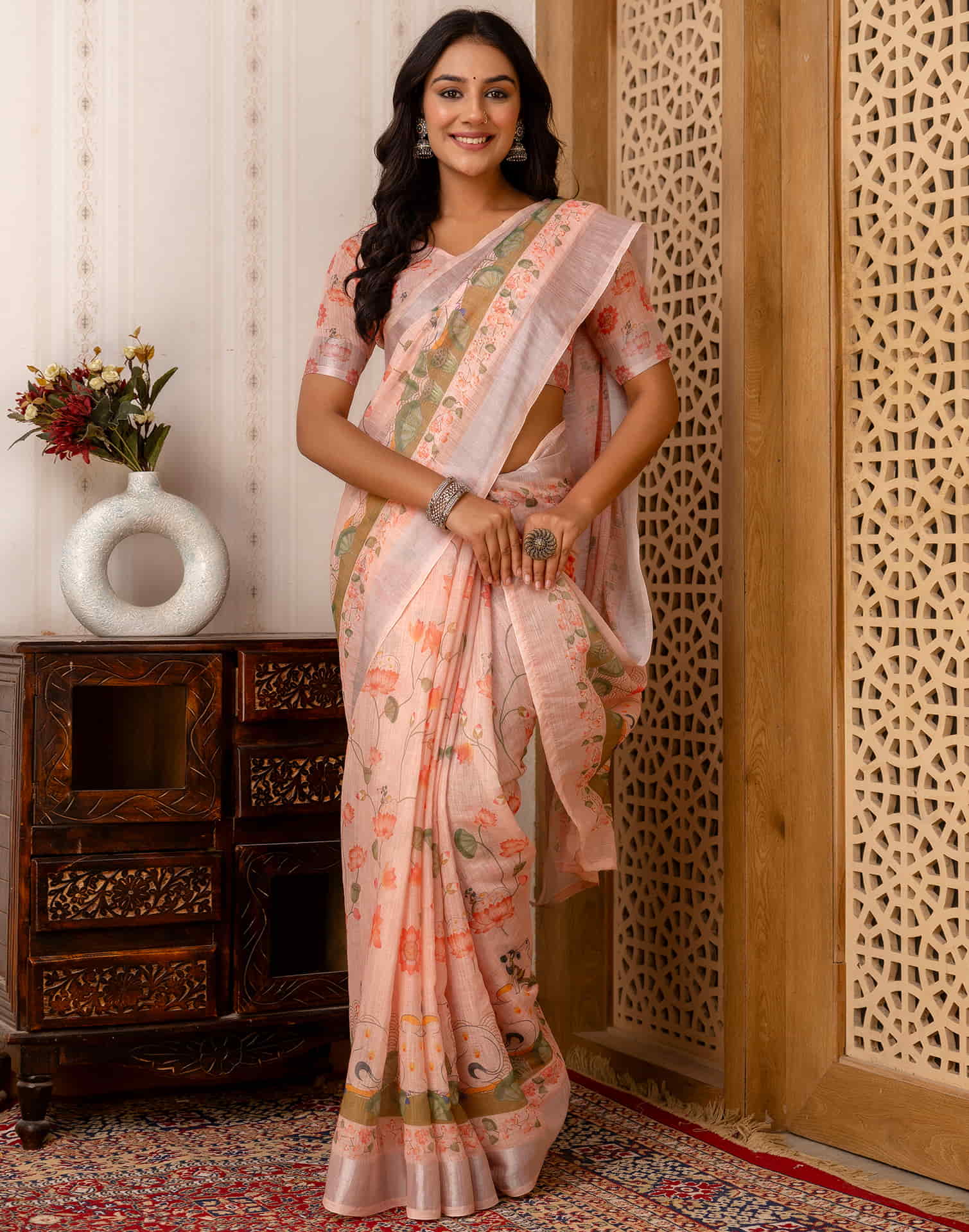 Rose Pink Cotton Printed Saree