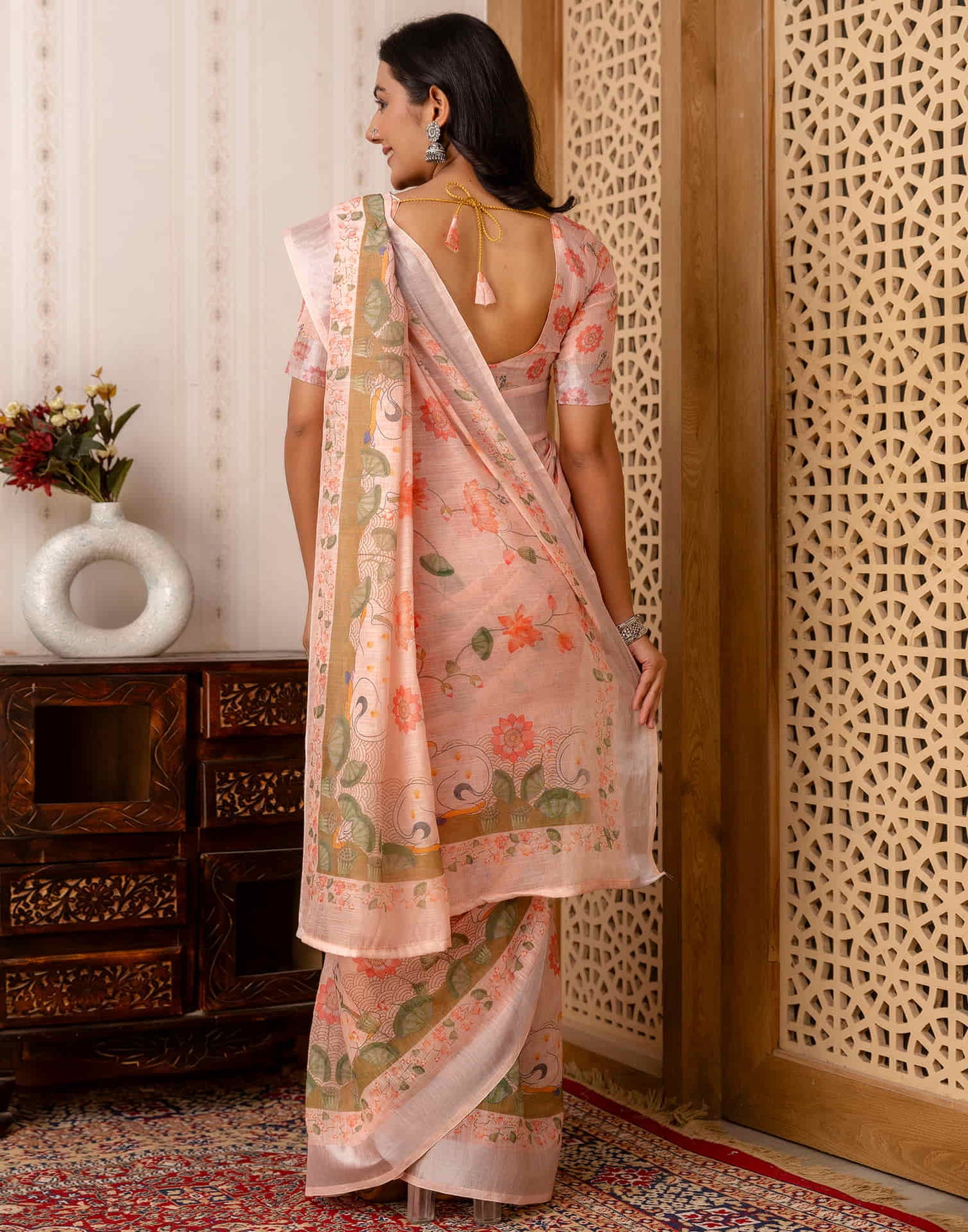 Rose Pink Cotton Printed Saree