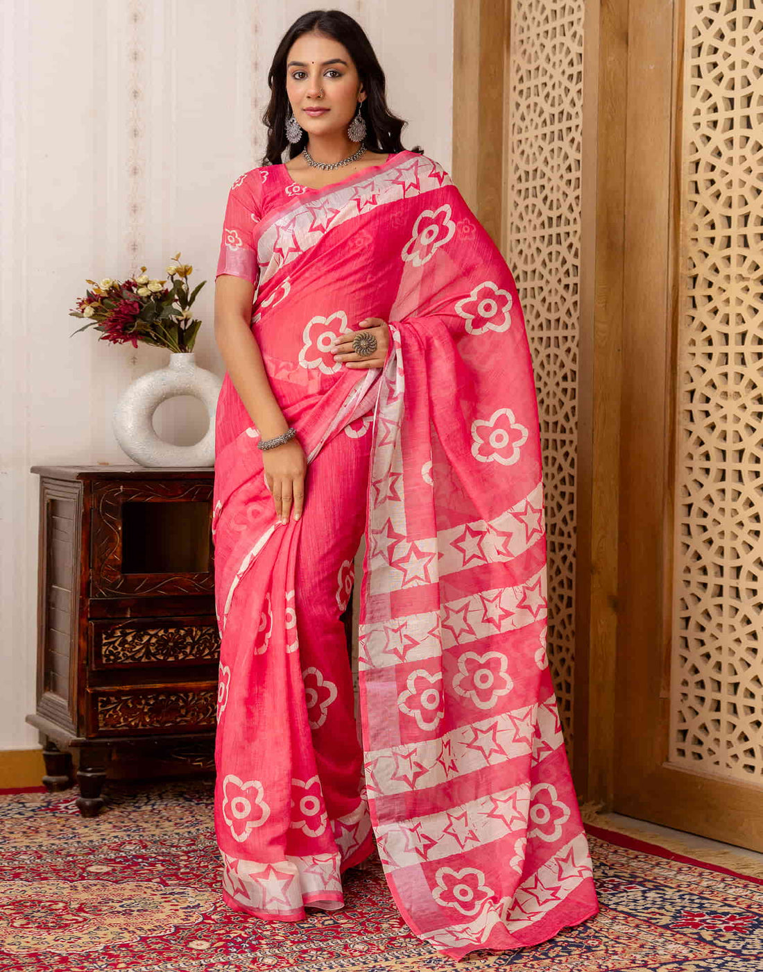 Punch Pink Cotton Printed Saree