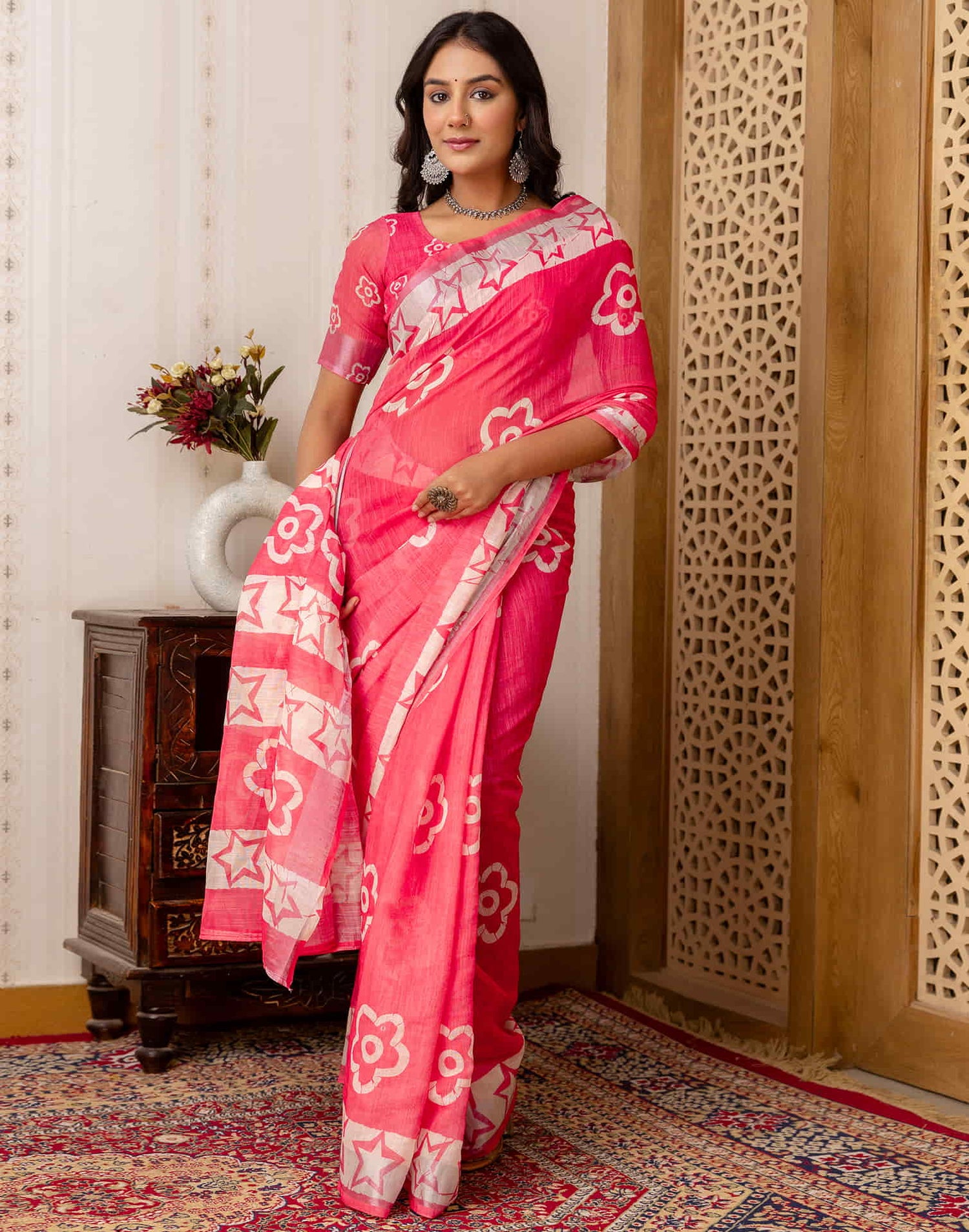 Punch Pink Cotton Printed Saree