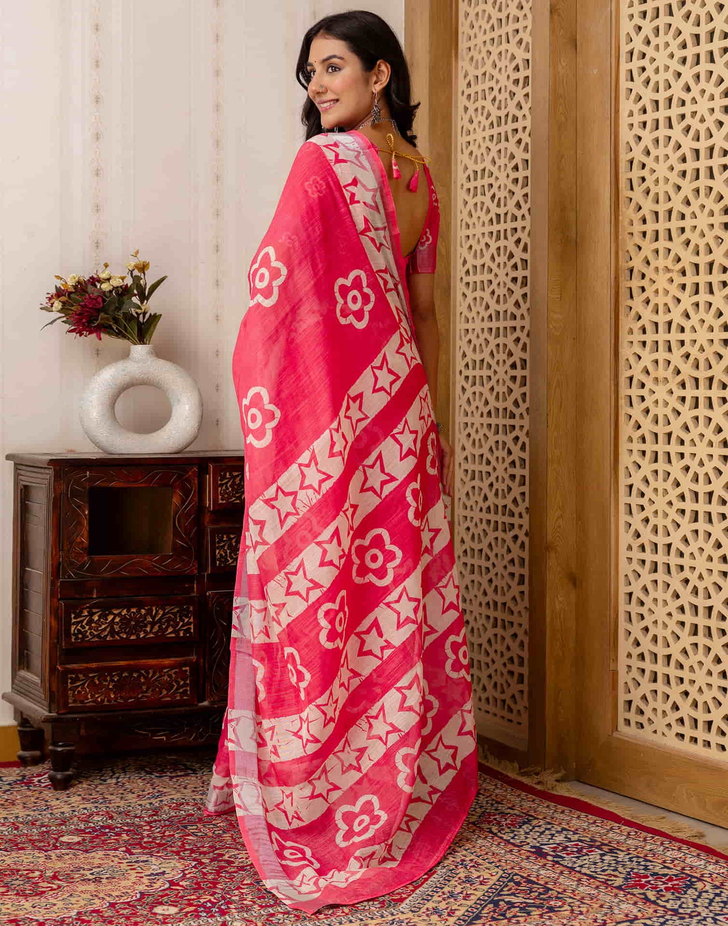 Punch Pink Cotton Printed Saree