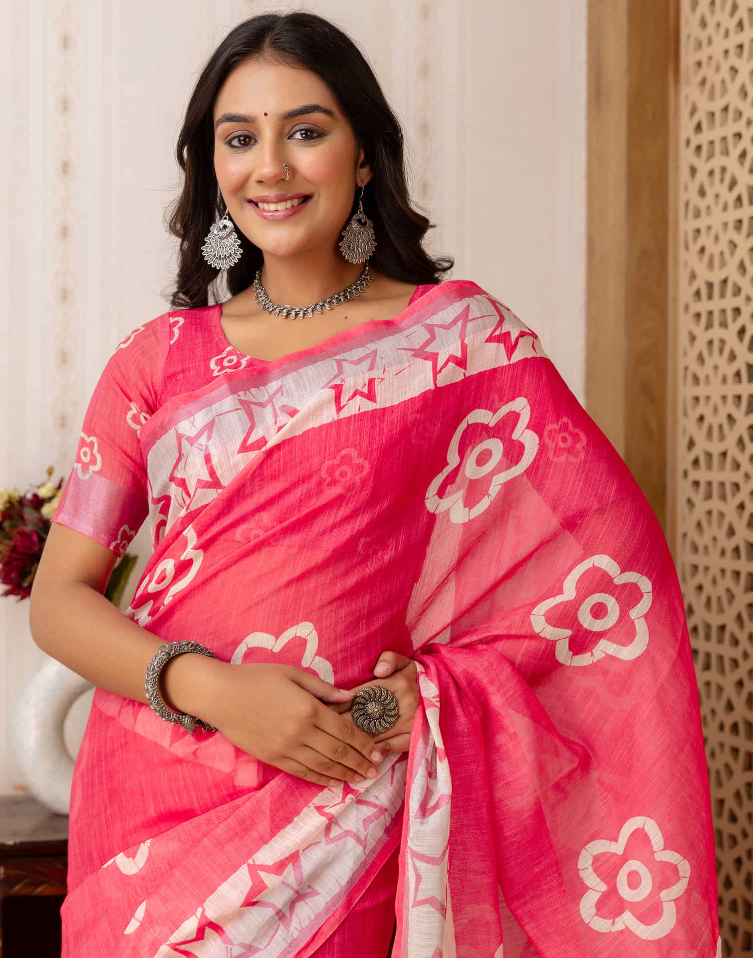 Punch Pink Cotton Printed Saree