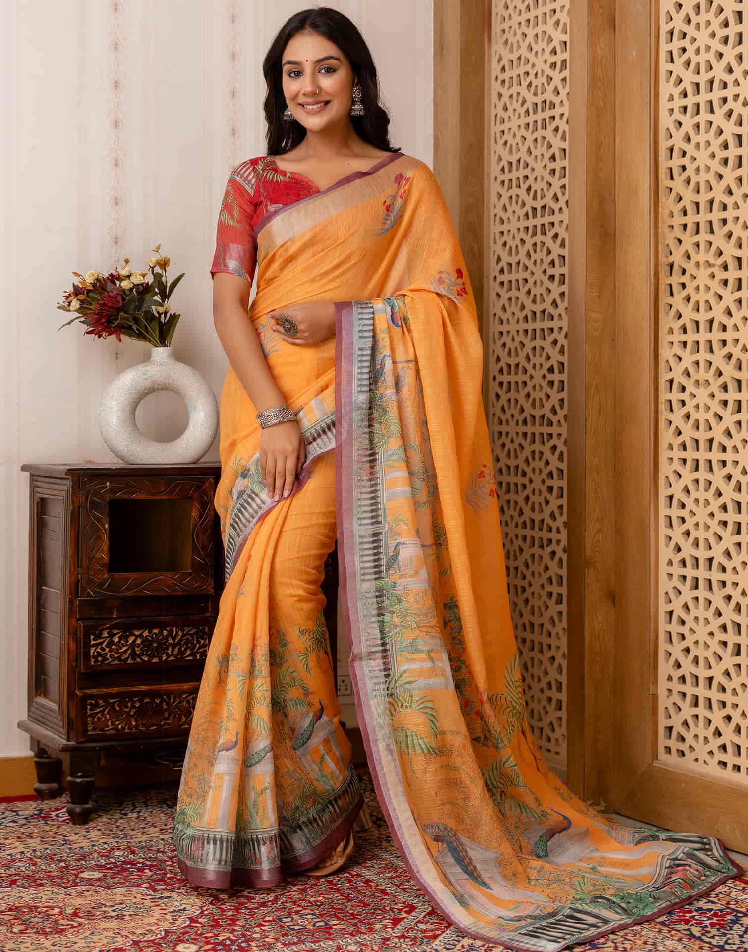 Yellow Cotton Printed Saree