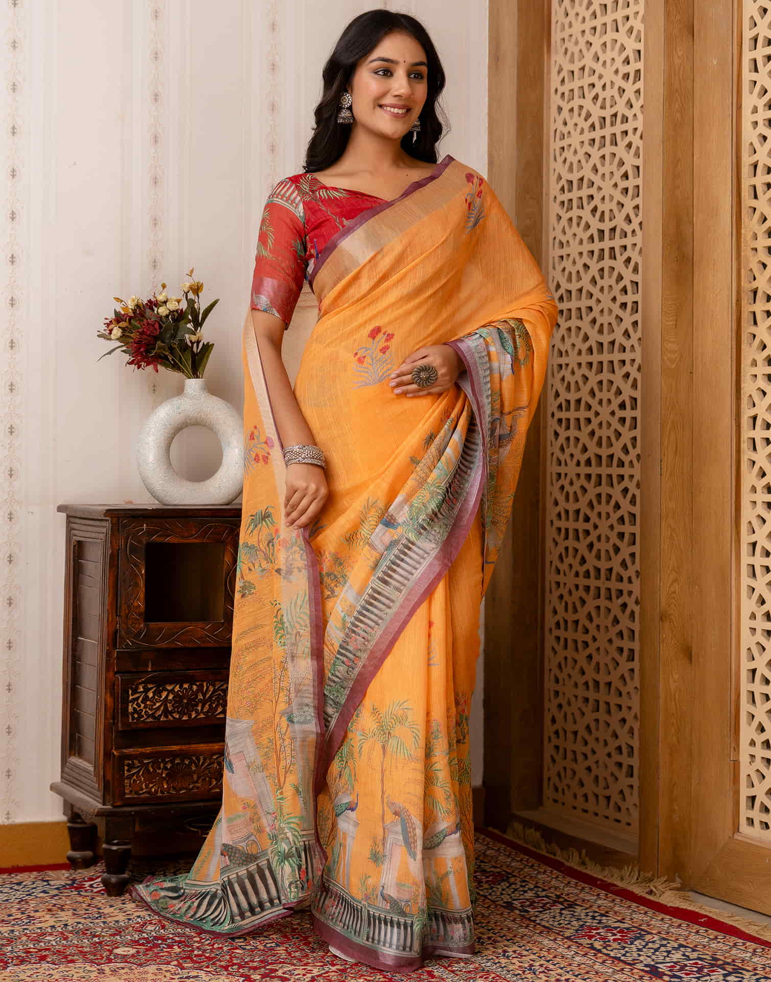 Yellow Cotton Printed Saree