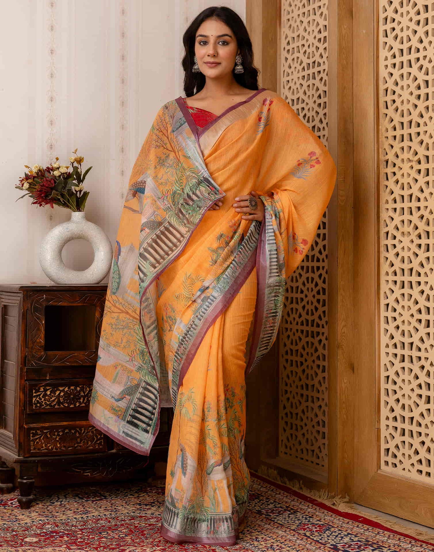 Yellow Cotton Printed Saree