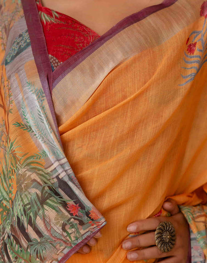 Yellow Cotton Printed Saree